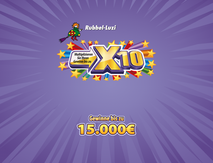 Das ist das Rubbellos X10, neu in der Farbe lila mit einem Sofortgewinn bis zu 15.000 Euro.