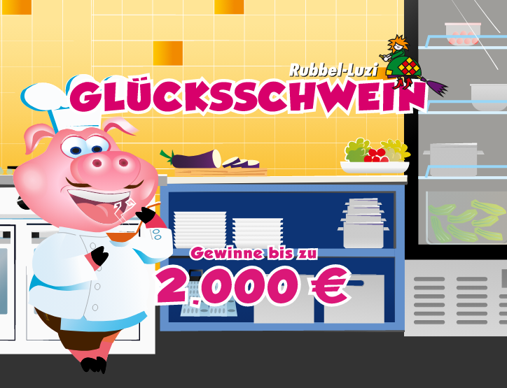 eines Gl&uuml;cksschweins als Koch mit textlichem Hinweis auf den Hauptgewinn von 2.000 Euro