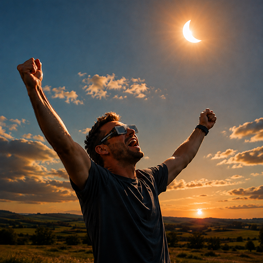 Jubelnder Mann w&auml;hrend einer partiellen Sonnenfinsternis