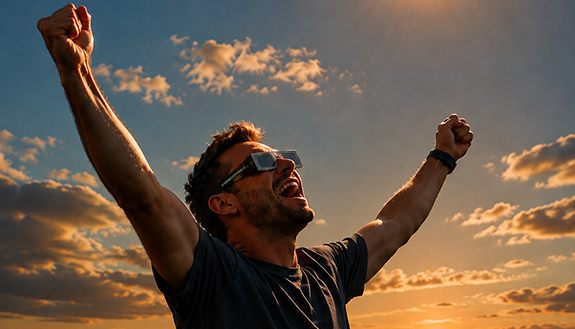 Jubelnder Mann w&auml;hrend einer partiellen Sonnenfinsternis