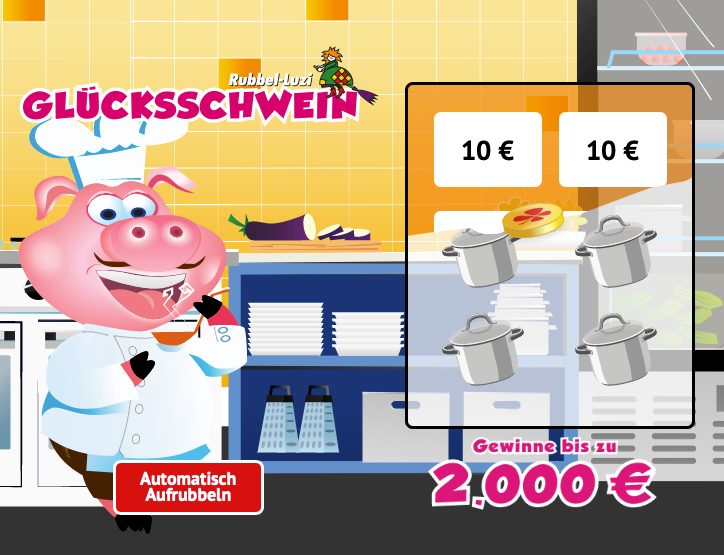 Abbildung eines ge&ouml;ffneten Rubbelloses mit dem Motiv Gl&uuml;cksschein Koch