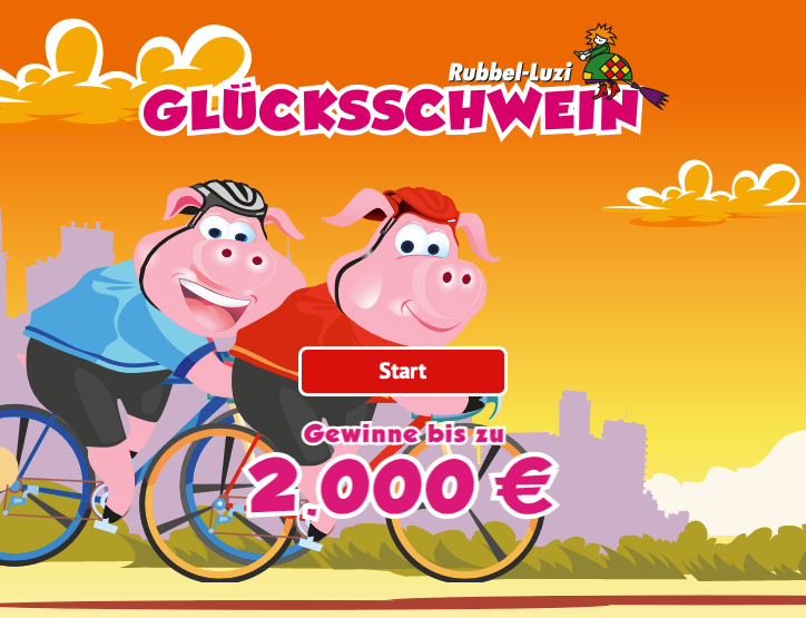 Darstellung der Fahrrad fahrenden Glücksschweine und des Buttons zum Start des Aufrubbelns it der Nennung des Hauptgewinns in Höhe von 2.000 Euro