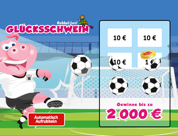 Abbildung eines geöffneten Rubbelloses mit dem Motiv Glücksschein Fußball