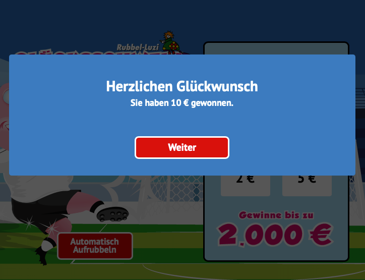 Abbildung einer Gewinnmeldung bei dem Rubbellos Glücksschwein