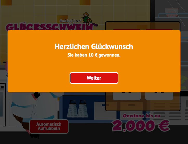 Abbildung einer Gewinnmeldung bei dem Rubbellos Gl&uuml;cksschwein