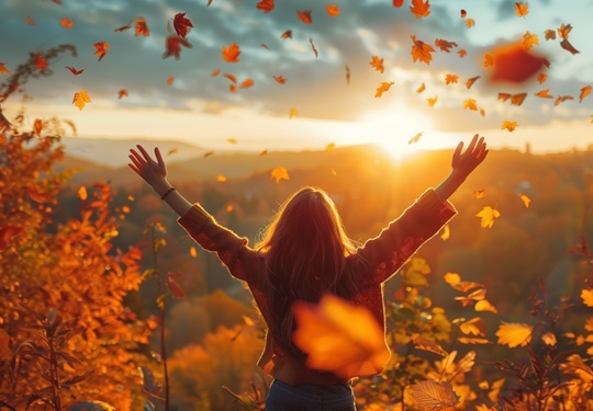 Eine Frau hebt vor Freude die Arme. Sie steht im Sonnenaufgang auf einem herbstlichen Berg.