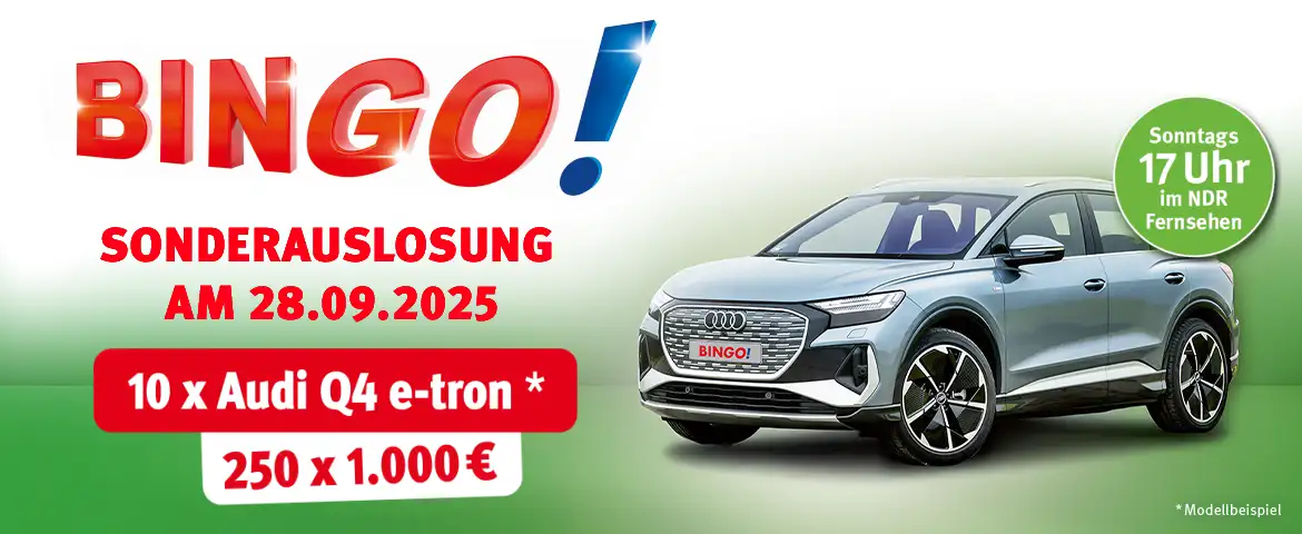 Herbstsonderauslosung von BINGO! am 28. September 2025 mit den Gewinnen: 10 mal Audi Q4 45 e-tron und 250 mal 1.000 Euro