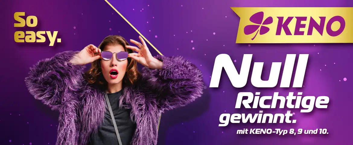 Frau im lilafarbenen Pelz hebt erstaunt ihre lilafarbene Sonnenbrille. Dieser Text ist eingebunden: Null Richtige gewinnt mit KENO-Typ 8,9 und 10.