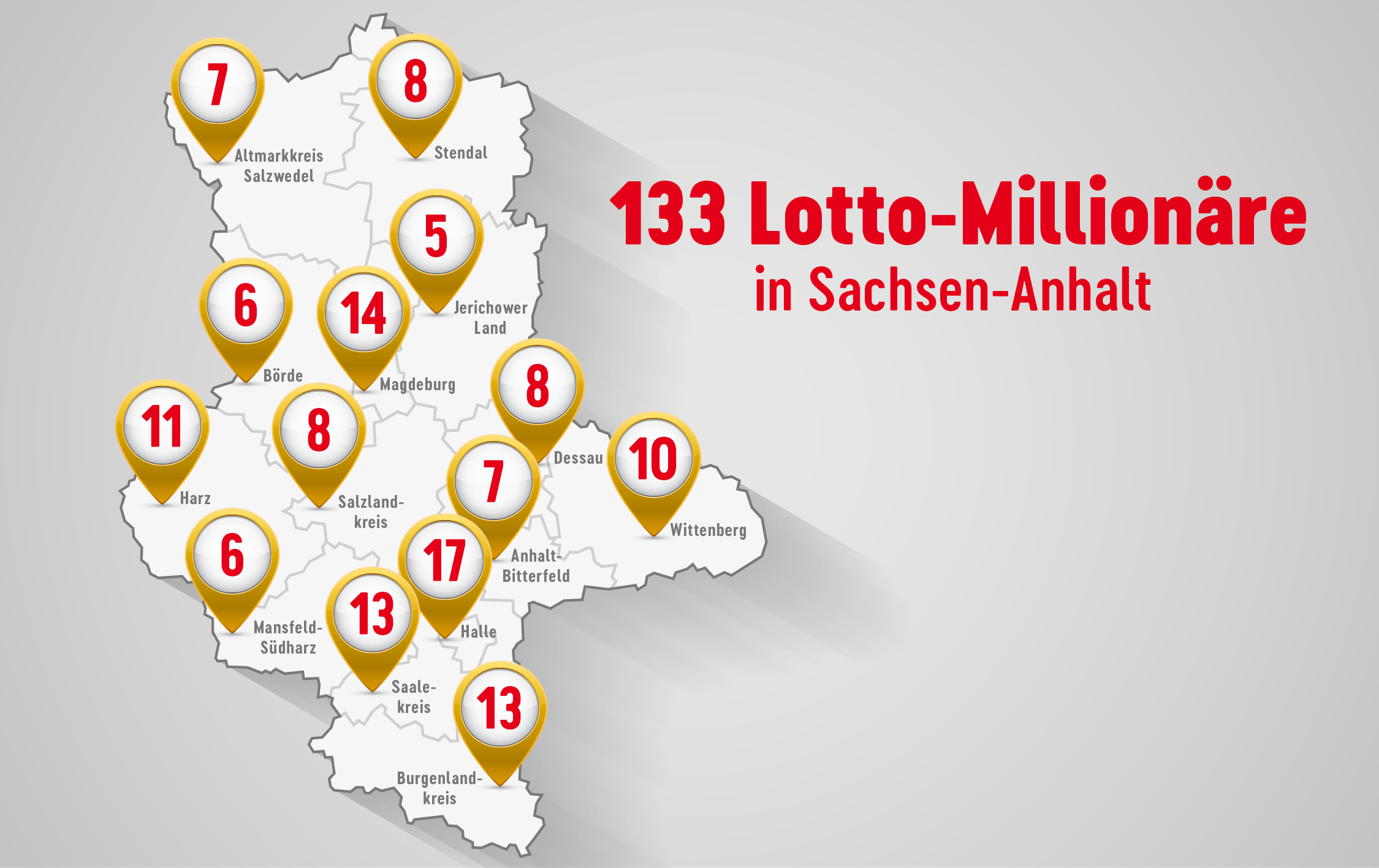 Landkarte von Sachsen-Anhalt mit der der Anzahl der Lotto-Million&auml;re pro Landkreis