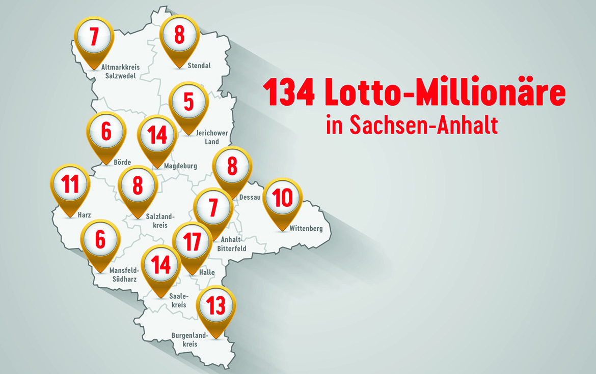 Landkarte von Sachsen-Anhalt mit der der Anzahl der Lotto-Million&auml;re pro Landkreis