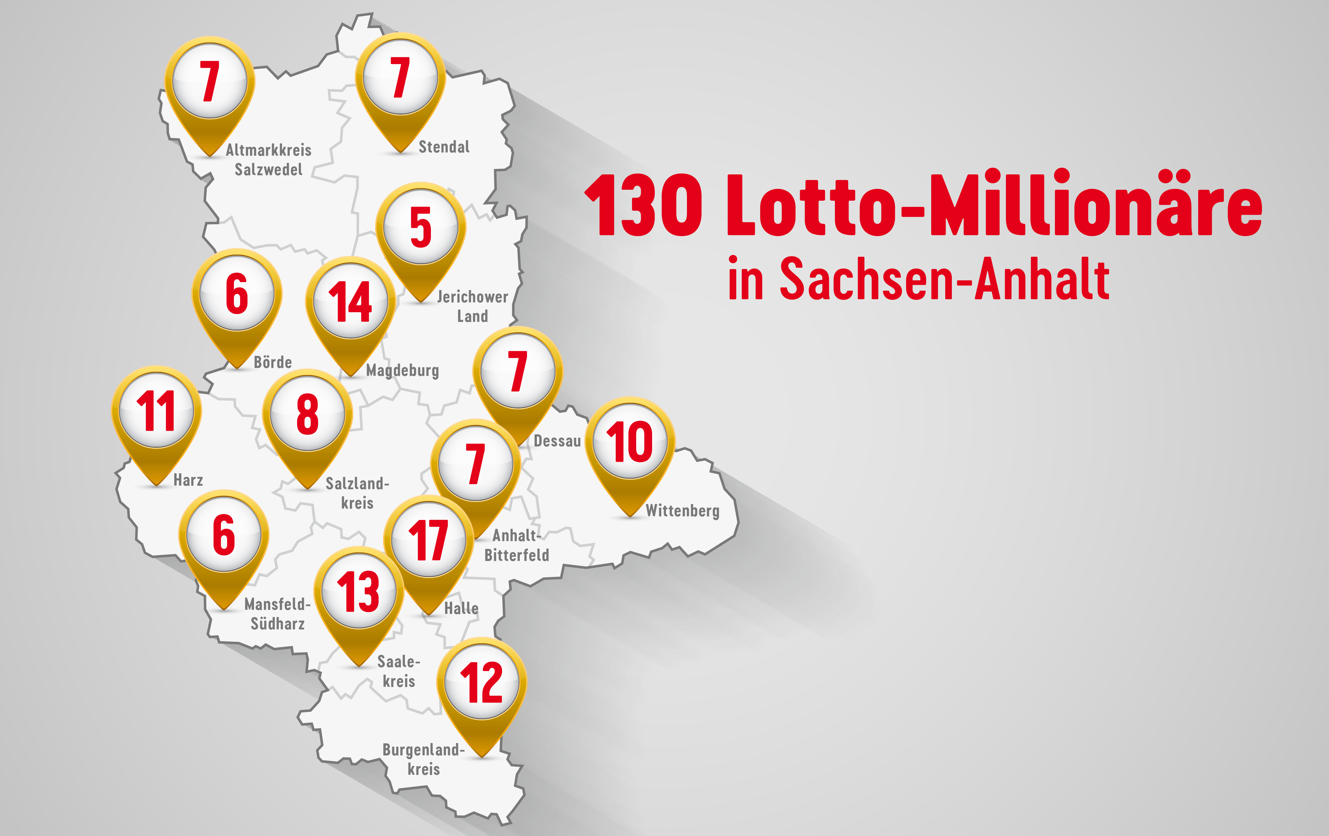 Landkarte von Sachsen-Anhalt mit der Übersicht der Anzahl der Lotto-Millionäre