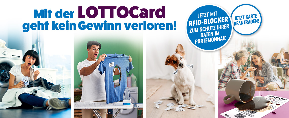 Vier Szenen in denen die Spielquittung zerst&ouml;rt werden kann - B&uuml;geln, Waschen, Kaffee, Hund mit Spruch "Mit der LOTTOCard geht kein Gewinn verloren"