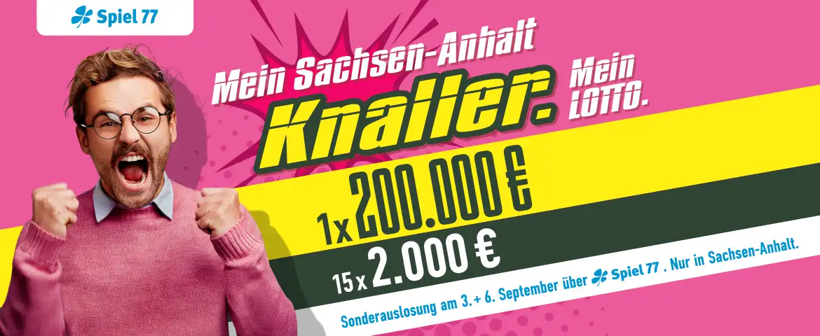 Ein Mann im rosa Pullover und mit Brille jubelt. Textlich wird die Sonderauslosung