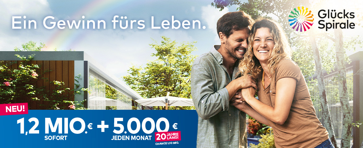Ein junges Paar freut sich und hält sich die Hände. Im Text wird der Gewinnplan der GlücksSpirale-Lotterie gezeigt. Der Höchstgewinn beträgt 1,2 Mio. Euro sofort und 20 Jahre lang jeden Monat 5.000 Euro.