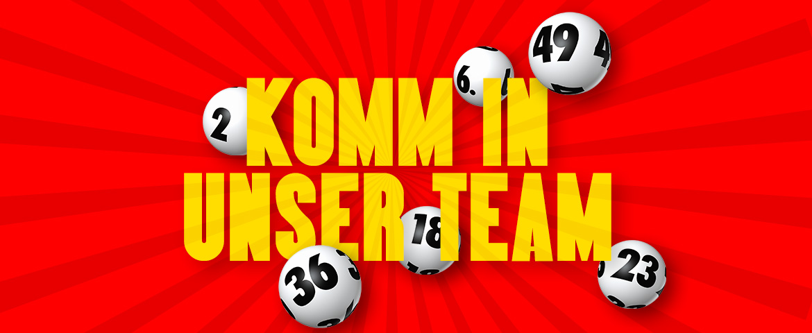 rote Teasergrafik mit Lottokugeln und dem Schriftzug Komm in unser Team