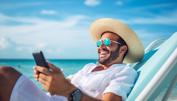 Lächelnder Mann mit Strohhut und Sonnenbrille nutzt sein Smartphone am Strand, genießt einen sonnigen Tag und entspannt am Meer