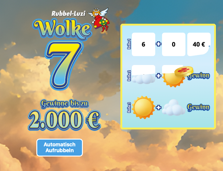 Das Rubbellos Wolke 7 mit dem H&ouml;chstgewinn von 2.000 Euro