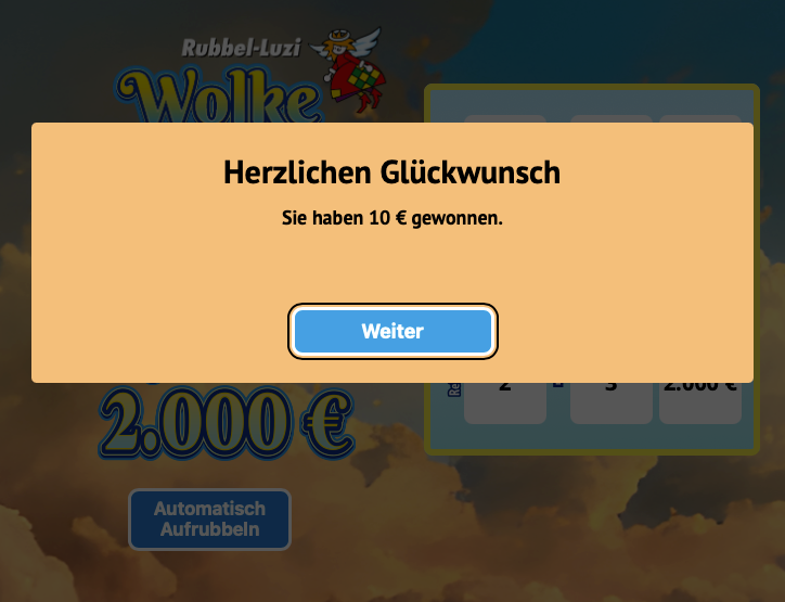 Das Rubbellos Wolke 7 mit dem H&ouml;chstgewinn von 2.000 Euro