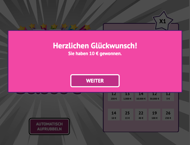 Darstellung der Gewinnmitteilung des X20 Loses nach Öffnung des Loses